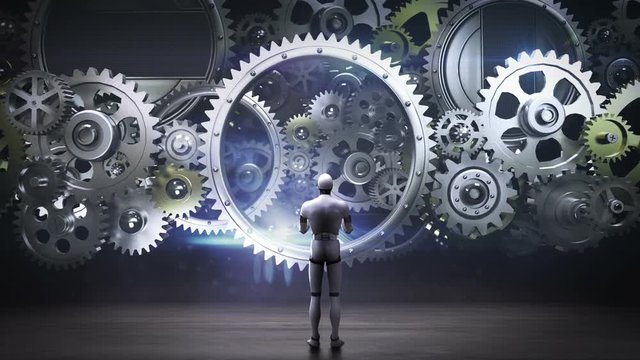 Robot, cyborg standing big Gear wheels, connecting gear wheels.artificial intelligence, computer technology.