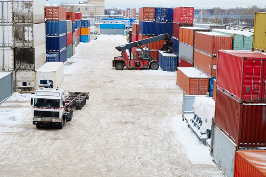 Cargo containers in shipping yard for transportation, import,export, logistic. winter.
