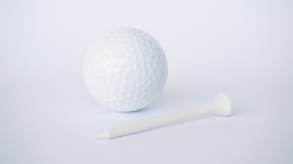 golf ball and white wooden golf tees on white background, sport time	