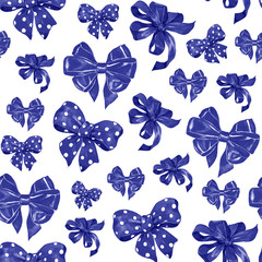 Sky blue seamless pattern with satin bow. Watercolor texture background.