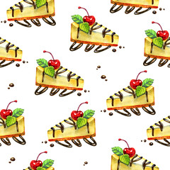 Seamless sweet background. Pattern with cheesecake. Watercolor illustration