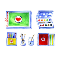 set of art materials, drawing by watercolor, accessories for painting