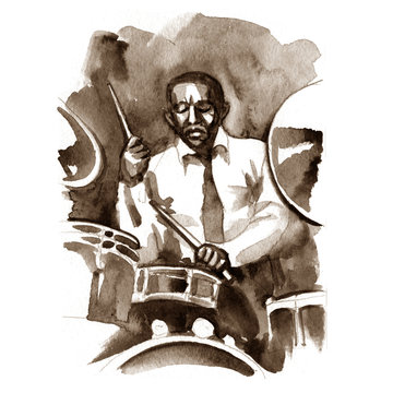 Watercolor graphic drummer at a concert.