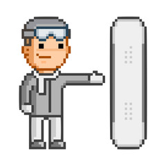 Vector pixel art snowboarder and snowboard