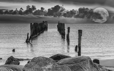 Coastal landscape with remains of old marine pier . Image converted to B&W fro inspiration of vintage style