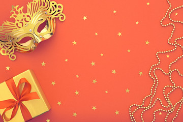 Party background decoration, Christmas holiday Gift box, Glamour Masquerade Mask. New Year 2017. Happy XMAS Design Ornament. Festive Art christmas Greeting Card. Gold Party accessories, Stars