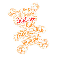 Childcare. Word cloud teddy bear, white background. Family concept.
