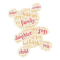 Family. Word cloud teddy bear, white background. Family concept.