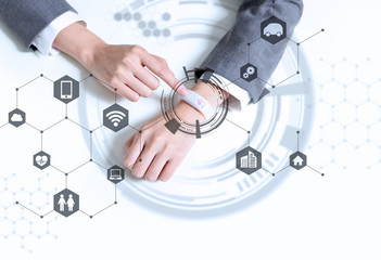 white smart watch and connection to various devices, wearable device, IoT(Internet of Things