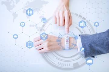 white smart watch and connection to various devices, wearable device, IoT(Internet of Things