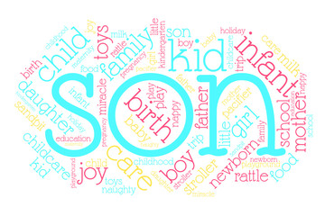 Son. Word cloud, italic font, white background. Family concept.