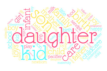 Daughter. Word cloud, italic font, white background. Family concept.