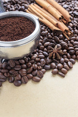 coffee beans on brown paper background, over light