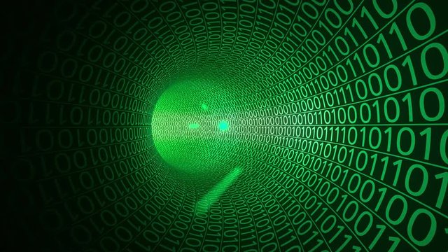 Particles flying through abstract green tunnel made with zeros and ones. Computers, data transfer, digital technologies concepts. 4K seamless loop animation