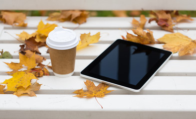 Naklejka na ściany i meble tablet pc and coffee cup on bench in autumn park