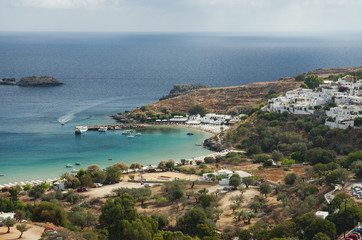 Naklejka na ściany i meble Bay of Lindos , Rhodes Island, Greece. Lindos is town on the island of Rhodes, in the Dodecanese, Greece. Above the modern town rises the acropolis of Lindos. 