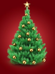 3d illustration of Christmas tree over red background with star and golden balls