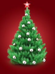 3d illustration of Christmas tree over red background with red star and silver balls