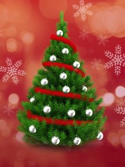 3d illustration of green Christmas tree over red and snow background with red tinsel and silver balls