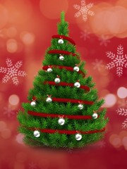 3d illustration of green Christmas tree over red and snow background with red tinsel and metallic balls