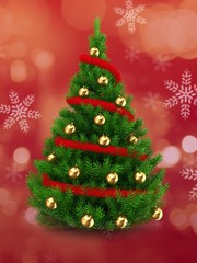 3d illustration of green Christmas tree over red and snow background with red tinsel and golden balls
