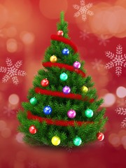 3d illustration of green Christmas tree over red and snow background with red tinsel and colorful balls