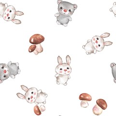 Background with rabbits and teddy bear. Seamless pattern with cartoon animals 4. Watercolor painting.