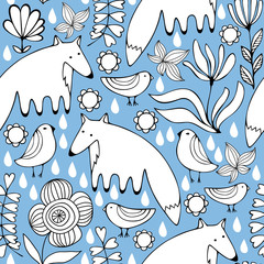 Obraz premium Cartoon white foxes, birds and flowers. Monochrome Seamless Pattern.