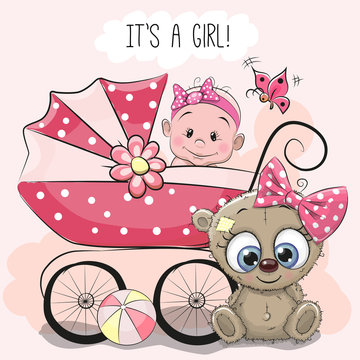 Baby girl with baby carriage and teddy bear