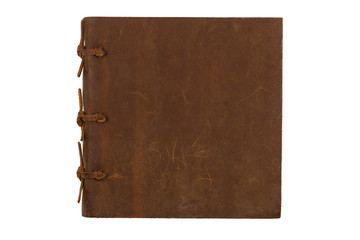 square notebook with leather brown cover on white background