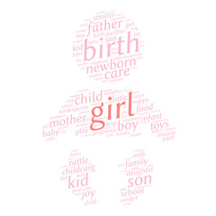 Girl. Word cloud, baby silhouette, white background. Family concept.