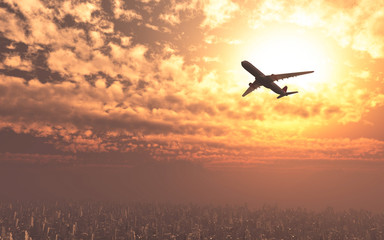 Airplane flying on the city