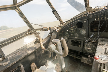 Cockpit with the dashboard, buttons and levers