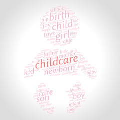 Childcare. Word cloud, baby silhouette, gradient grey background. Family concept.