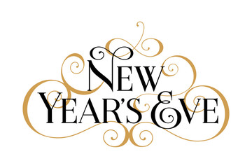 New Year's Eve. Handwritten modern brush black text, gold swirl, white background. Beautiful lettering invitation, greeting, prints, posters. Typographic inscription, calligraphic design vector