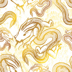 Ink hand drawn stylized chinese dragons seamless pattern