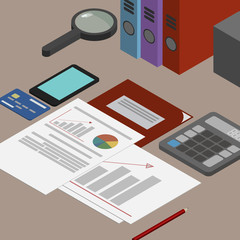 Auditor workplace, accounting documents, the analysis of these reports, the analyst. Desktop isometrics