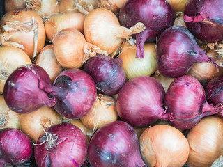 Background of yellow and red onion close up. Yellow and red onion pattern on sale at the market.