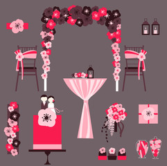Vector set of decorative wedding elements. Chairs, arch, cake, lanterns, table, flowers. Vector illustration