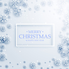 stylish merry christmas greeting card design with white snowflak