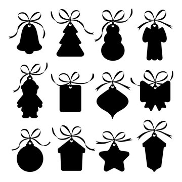 Silhouette labels, christmas decorations with ribbons.