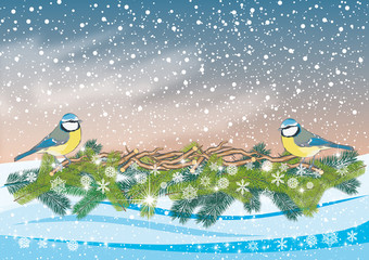 Vektor Illustration Winterwetter mit Schneefall und Blaumeisen auf Reisig im Schnee
