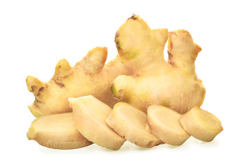 fresh young ginger with slices isolated on white background