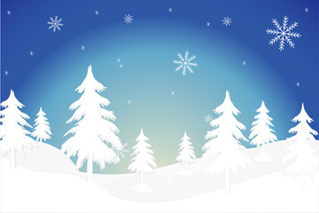 Winter mountain Christmas landscape with fir trees silhouette and snowflakes. Vector