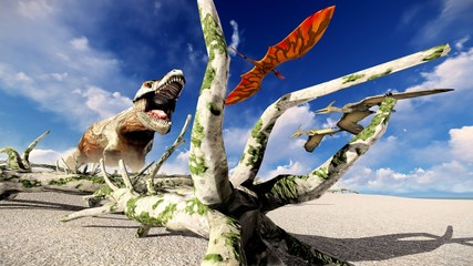 Flying pterodactyl over the land 3d illustration © satori