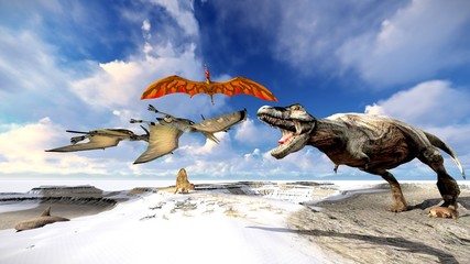 Flying pterodactyl over the land 3d illustration © satori