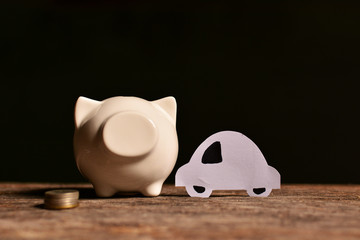 piggy bank with money on black background.