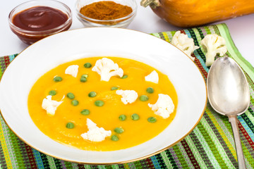 Pumpkin Puree Soup with Cauliflower and Green Peas