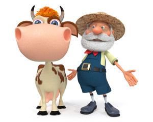 3d illustration the farmer with a cow