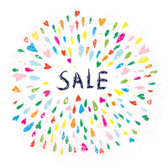 Sale funny abstract banner with hearts and splashes